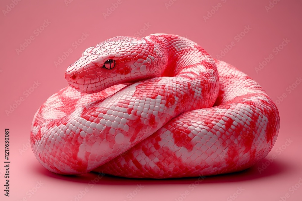 Fototapeta premium Colorful snake in vibrant pink and white resting on a smooth surface with a soft pink backdrop