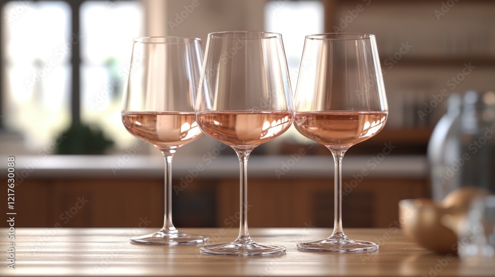 Elegant rose wine glasses with rose wine on a wooden countertop in a well-lit kitchen interior Copy Space Elegant rose wine glasses with rose wine on a wooden countertop in a well-lit kitchen interior Copy Space