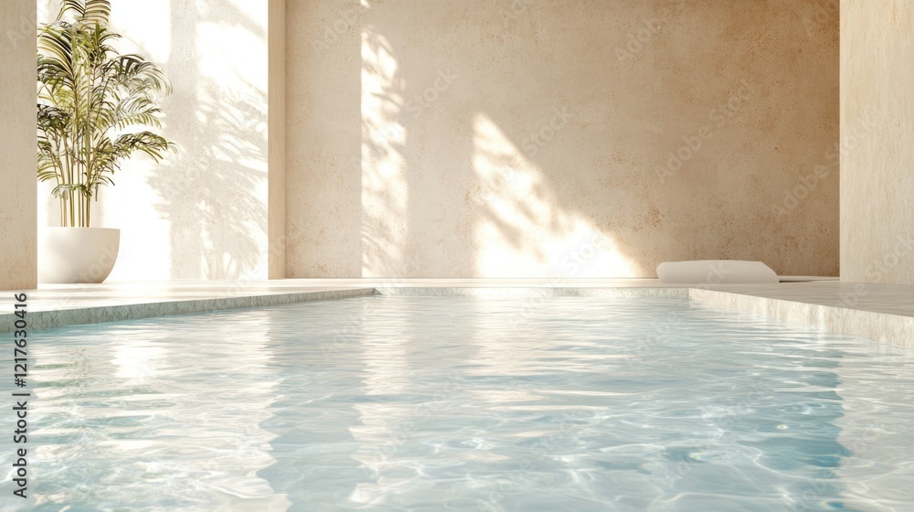 Fototapeta premium Indoor swimming pool with clear water and natural light illuminating a minimalistic space with a potted plant and Copy Space.