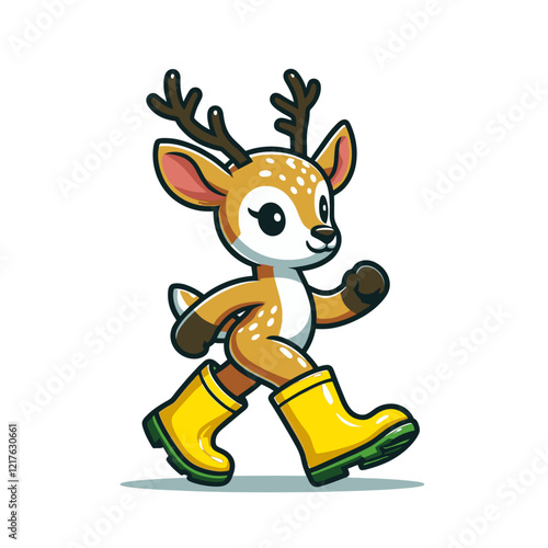 A cheerful baby deer wearing bright yellow rain boots walking happily. Suitable for children's products, autumn, and rainy day designs. Isolated vector illustration.