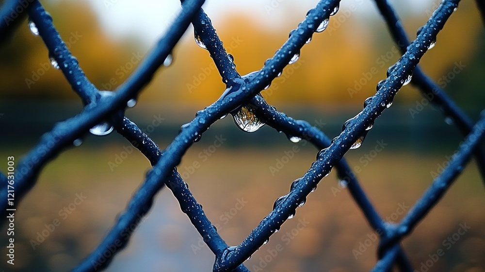 Autumn rain on park fence, blurred background Autumn rain on park fence, blurred background