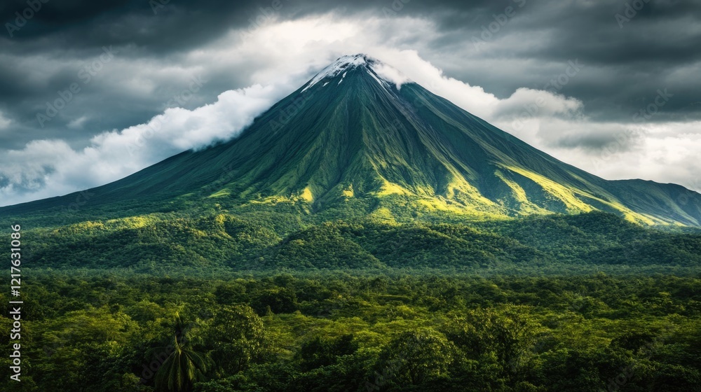 Fototapeta premium Majestic volcano towering over lush green forest under a cloudy sky with dramatic lighting and clear Copy Space for text placement
