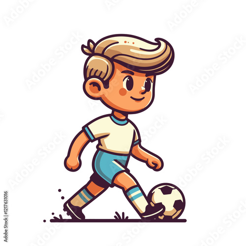 Cute blonde boy kicking a soccer ball with joy. Adorable young football player in sportswear, isolated vector illustration.