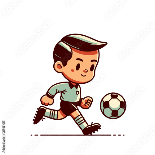 A young boy playing soccer, kicking a ball with enthusiasm. Cute cartoon character in sports outfit, enjoying outdoor activity. Isolated vector illustration.
