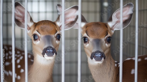 Young deer fawns behind bars in an enclosure with soft focus Copy Space for text placement photo