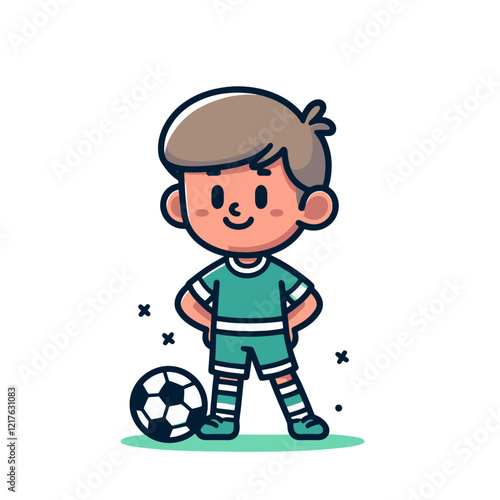 Cartoon boy in soccer uniform standing confidently with a football, isolated vector illustration.