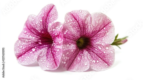 Close-up of two pink petunia flowers with droplets of water on petals isolated on white background Copy Space photo