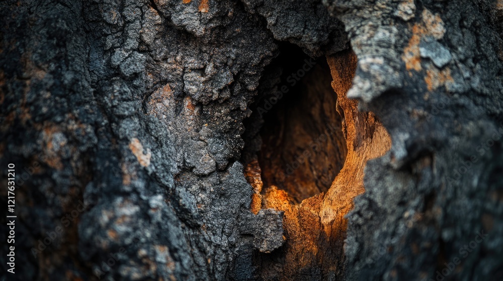 Close-up of textured tree bark with hollow space illuminated by warm light and natural highlight, Copy Space available Close-up of textured tree bark with hollow space illuminated by warm light and natural highlight, Copy Space available