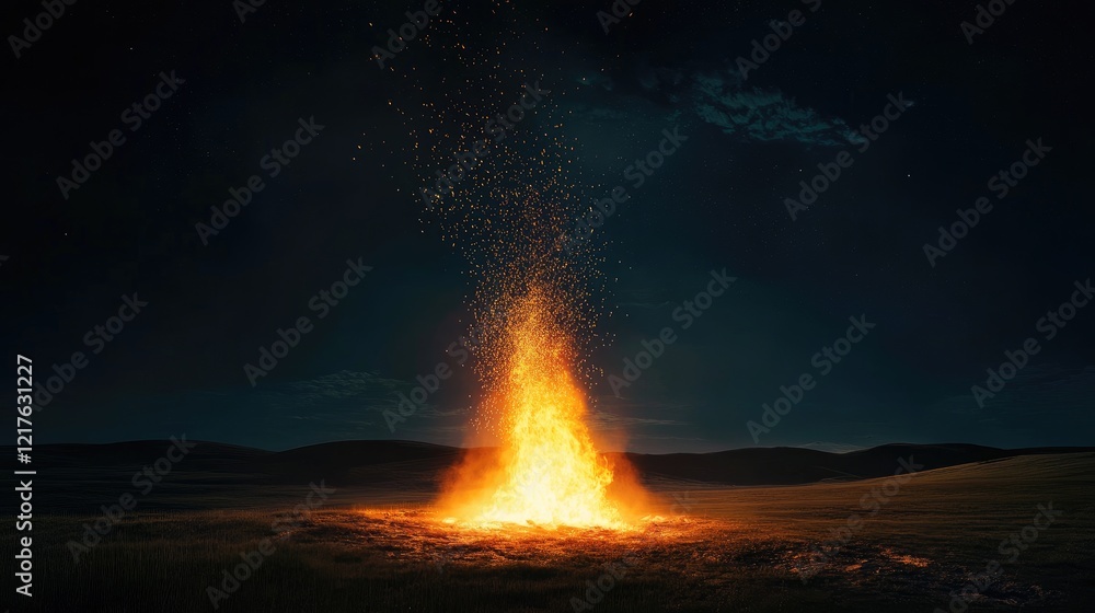 Fototapeta premium Bright orange bonfire illuminated against a dark night sky with scattered sparks and smoke in a field landscape. Copy Space.
