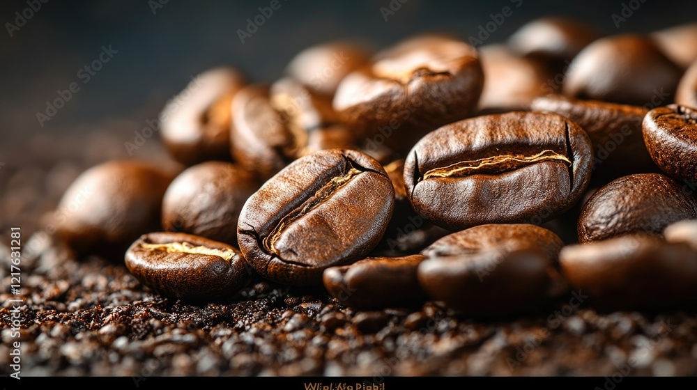 Close-up of roasted coffee beans on a coffee ground background with Copy Space for text usage. Close-up of roasted coffee beans on a coffee ground background with Copy Space for text usage.