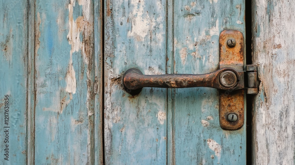Rustic blue wooden door with worn paint and aged metal latch Copy Space Rustic blue wooden door with worn paint and aged metal latch Copy Space