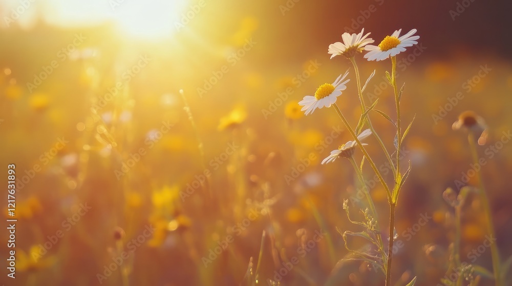 Sunset over a meadow with daisies and wildflowers in soft focus golden light with Copy Space for text Sunset over a meadow with daisies and wildflowers in soft focus golden light with Copy Space for text