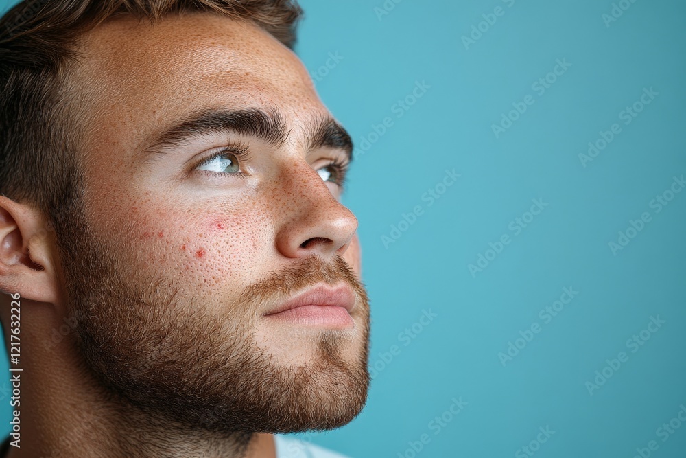 Obraz premium Young man with a beard gazing thoughtfully against a blue background in a well-lit indoor setting