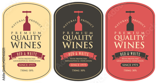 Set of vector wine labels with a bottle, corkscrew and calligraphic inscription on different backgrounds in a curly frame in retro style.