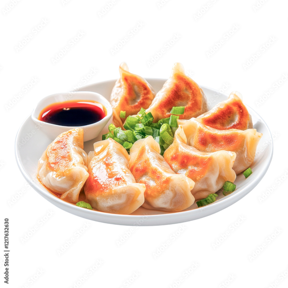 Pan-Fried Dumplings Delight: A delectable plate of golden-brown pan-fried dumplings, glistening with savory juices, served with a side of dark soy sauce and vibrant green onions. Pan-Fried Dumplings Delight: A delectable plate of golden-brown pan-fried dumplings, glistening with savory juices, served with a side of dark soy sauce and vibrant green onions.