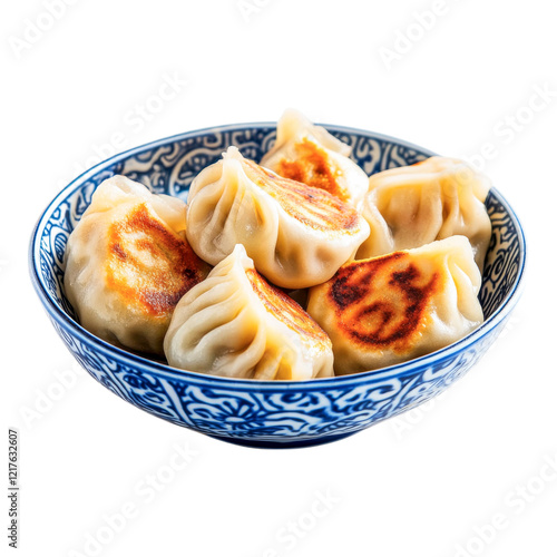 Pan-fried Dumplings in Blue Bowl: A delectable serving of golden-brown pan-fried dumplings rests in a rustic blue and white patterned bowl, ready to be enjoyed. photo