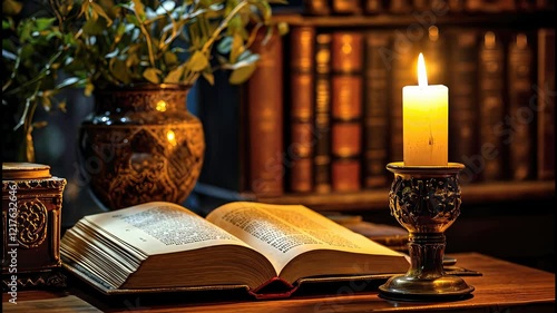 Wallpaper Mural A cozy evening with a candle, an open book, and the warm glow of knowledge in a serene study setting Torontodigital.ca