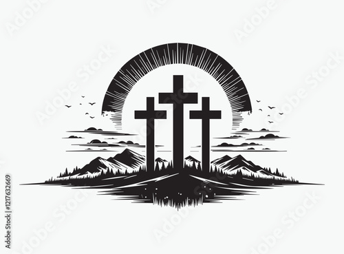 High-Quality Three Crosses at Sunrise Silhouette Vector - Great for Easter and Christian-Themed Projects