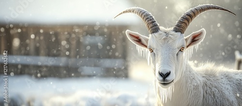 White goat with icy frost on horns and face in snowy landscape with blurred wooden barn background and falling snowflakes Copy Space photo