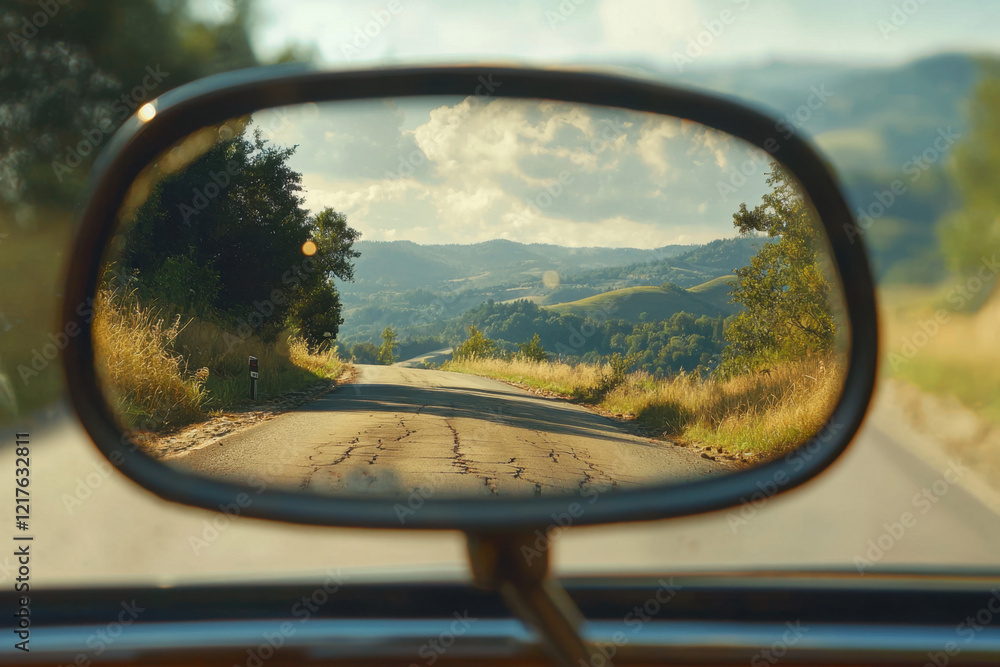 Close-up of a rearview mirror capturing the view of a dirt road, surrounded by nature and mountains in the distance Close-up of a rearview mirror capturing the view of a dirt road, surrounded by nature and mountains in the distance