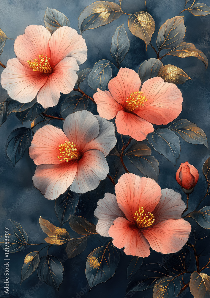 custom made wallpaper toronto digitalgray and pink watercolor flowers with gold patterns on white background, floral illustration