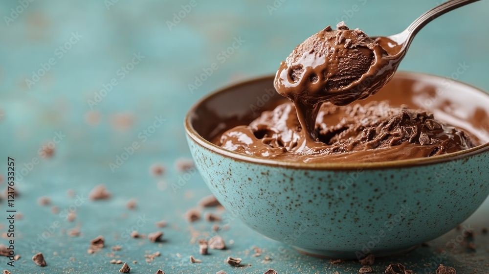 Chocolate mousse in a bowl with a silver spoon on turquoise background with chocolate shavings and copy space. Chocolate mousse in a bowl with a silver spoon on turquoise background with chocolate shavings and copy space.