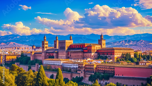 stunning panorama of Granada city Spain, sunny summer day, beautiful architecture