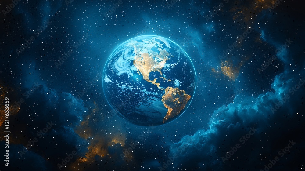 Fototapeta premium Earth from space, glowing in cosmic nebula.