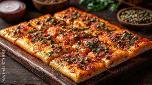 Wallpaper Mural Freshly baked focaccia bread topped with herbs, capers, and spices on wooden board with ingredients in background Copy Space Torontodigital.ca