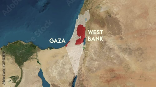 Zoom from Earth to Palestine, Gaza, West Bank. World map animation with country borders, Images from NASA