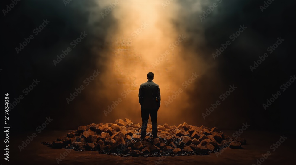 A person standing in front of a radiant light, with broken chains lying at their feet, symbolizing liberation through faith A person standing in front of a radiant light, with broken chains lying at their feet, symbolizing liberation through faith