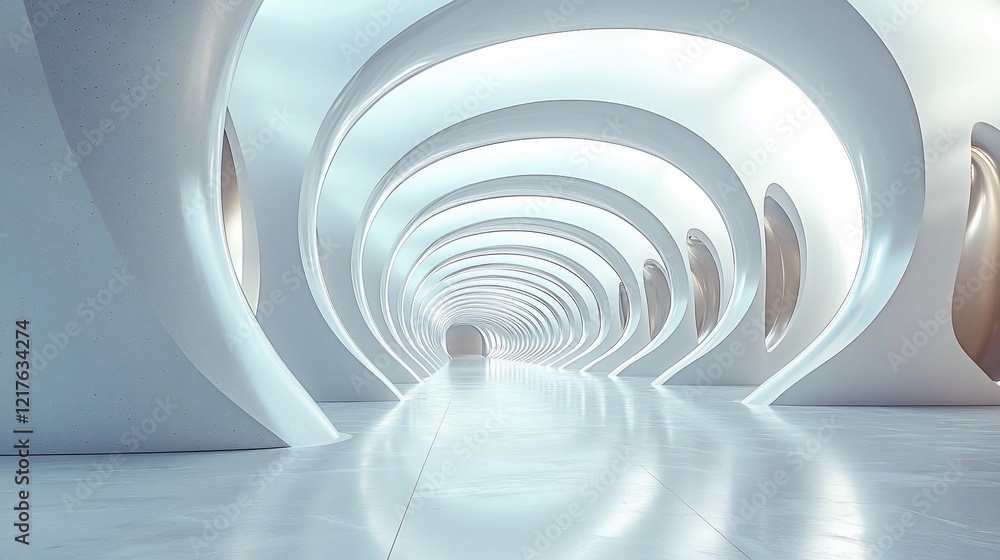 Fototapeta premium Abstract futuristic white tunnel with glowing arches and reflective floor.