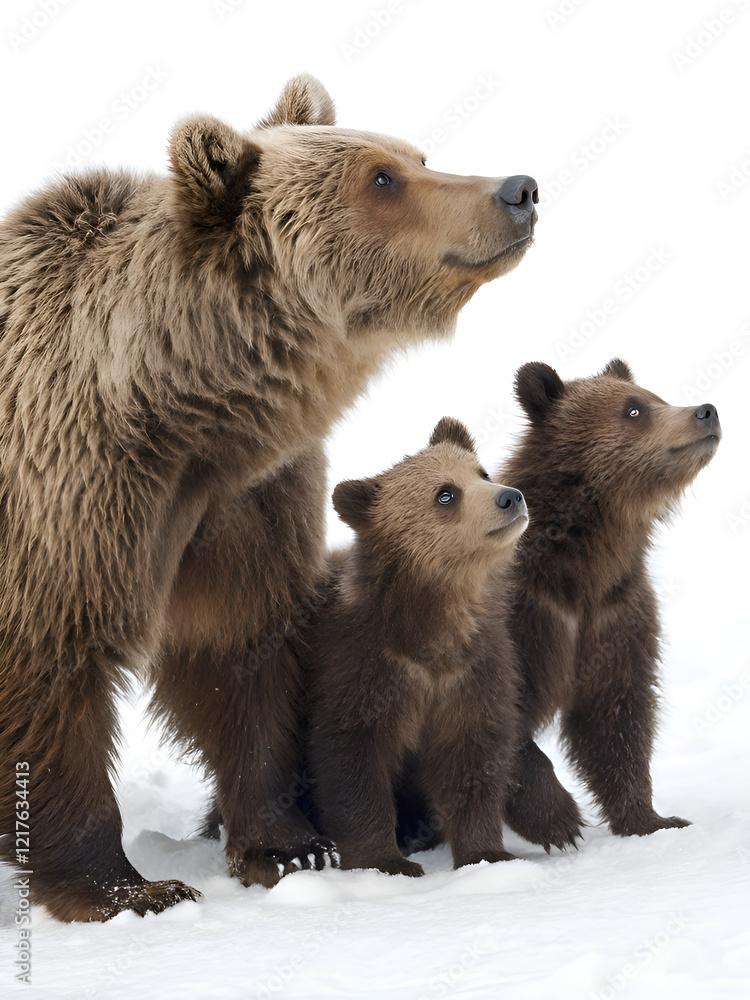 Obraz premium Brown bear mother with two cubs standing in snow, looking attentively upwards, isolated on a white background, symbolizing wildlife family bonds