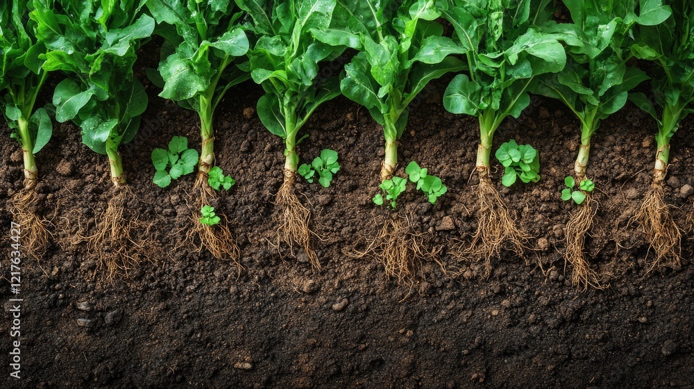 Root structure of leafy greens in soil showing plant growth and development Copy Space Root structure of leafy greens in soil showing plant growth and development Copy Space