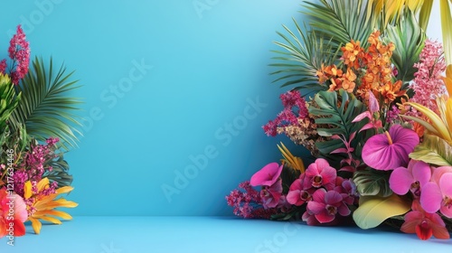 Wallpaper Mural Colorful tropical flower arrangement with various blooms and leaves on blue background, ideal for copy space usage Torontodigital.ca