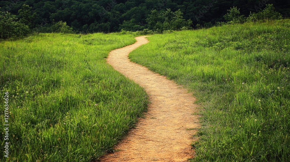 Winding dirt path through lush green grass landscape under a clear sky with trees in the background Copy Space Winding dirt path through lush green grass landscape under a clear sky with trees in the background Copy Space