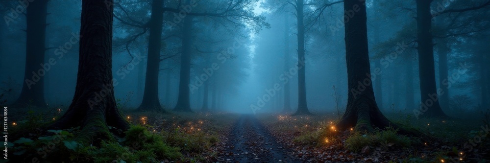 Fototapeta premium Forest floor twinkling lights under foggy sky, forest ambiance, misty landscape, twinkling lights