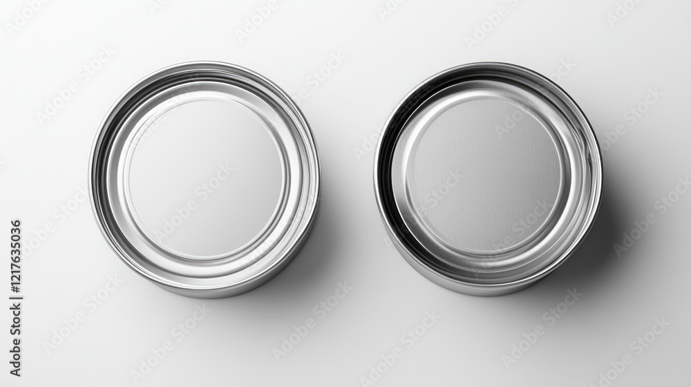 Two metallic can lids on a clean white background with copy space for text. Two metallic can lids on a clean white background with copy space for text.