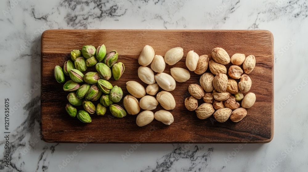 Assorted nuts and seeds including pistachios blanched almonds and walnut halves neatly arranged on a wooden cutting board with Copy Space Assorted nuts and seeds including pistachios blanched almonds and walnut halves neatly arranged on a wooden cutting board with Copy Space