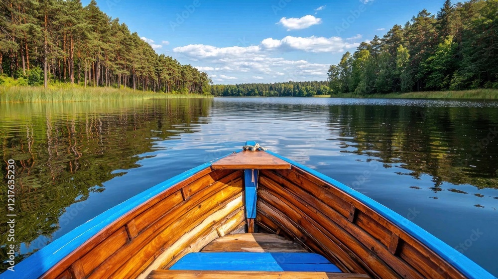 Rowboat on calm lake, forest backdrop, summer day, travel Rowboat on calm lake, forest backdrop, summer day, travel