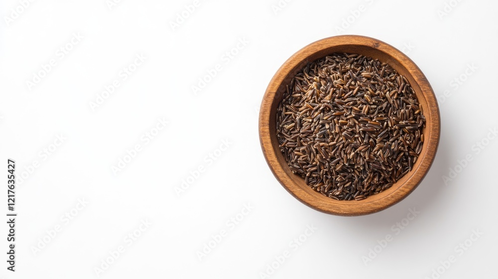 Brown rice in a wooden bowl on white background with Copy Space for text Brown rice in a wooden bowl on white background with Copy Space for text