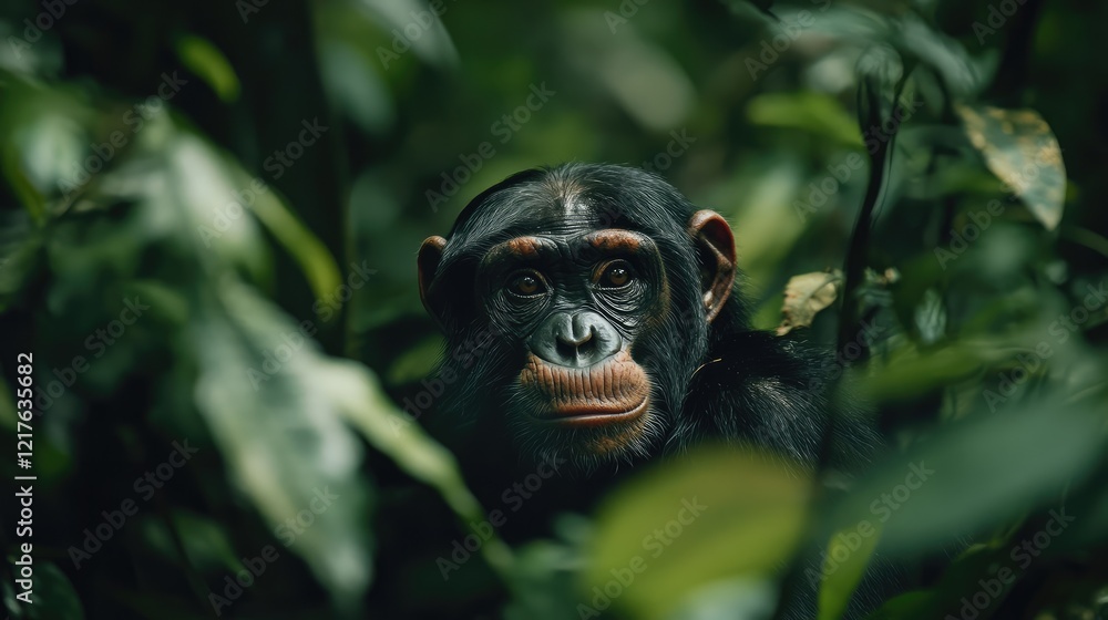 Chimpanzee face partially hidden in dense green foliage with natural lighting and vivid textures Copy Space Chimpanzee face partially hidden in dense green foliage with natural lighting and vivid textures Copy Space
