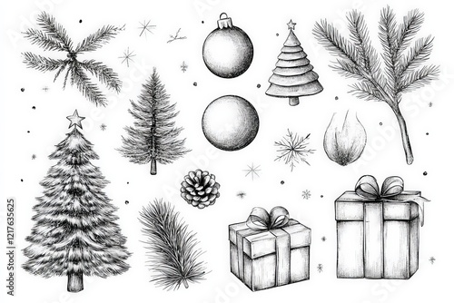 Detailed black and white illustrations of Christmas decorations including trees, ornaments, and gifts ideal for festive designs