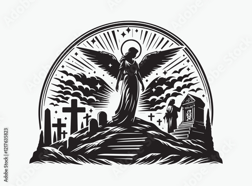 Elegant Angel at the Tomb Silhouette Vector - Ideal for Christian-Themed Artwork and Worship Projects