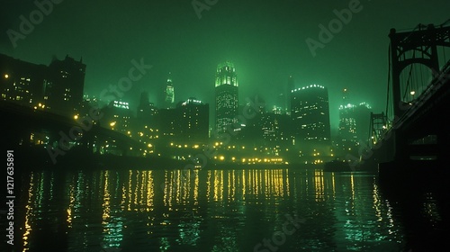 Foggy green city skyline at night reflected in water.
