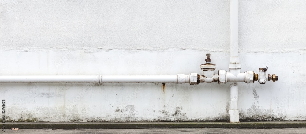 White industrial pipes against a plain wall with rust and wear visible on the fittings Copy Space White industrial pipes against a plain wall with rust and wear visible on the fittings Copy Space