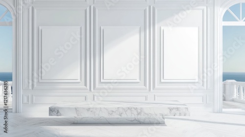 Wallpaper Mural Minimalist white interior with marble bench and empty frames, natural light streaming in, ocean view through large windows, Copy Space. Torontodigital.ca