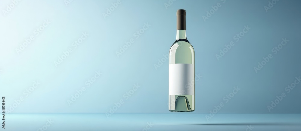 Fototapeta premium Glass wine bottle with blank white label on light blue background minimalism with copy space for text and branding.