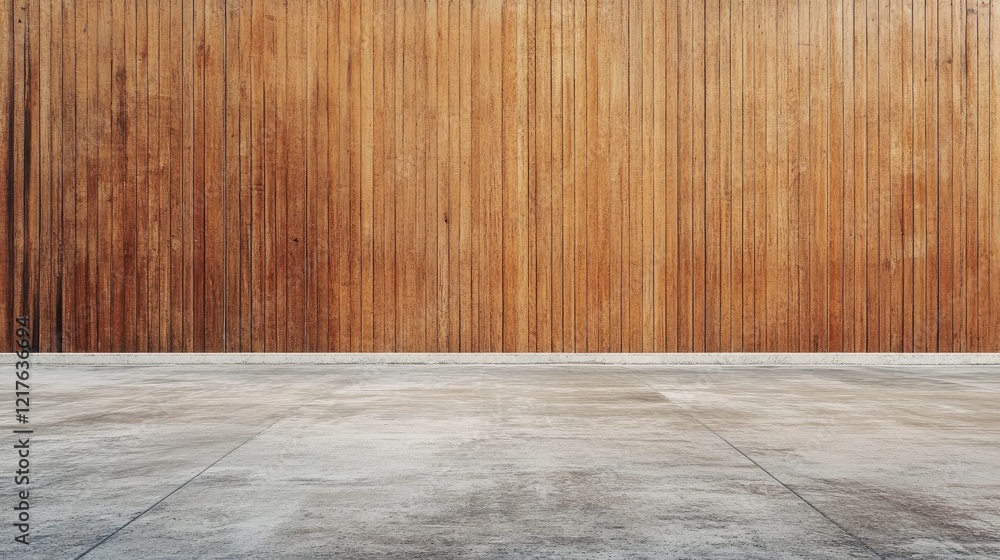Wooden wall with vertical planks and concrete floor in minimalistic design with Copy Space for text placement Wooden wall with vertical planks and concrete floor in minimalistic design with Copy Space for text placement