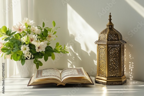 A minimalistic prayer area featuring an open Quran, a decorative lantern, and a bouquet of flowers on a white surface photo